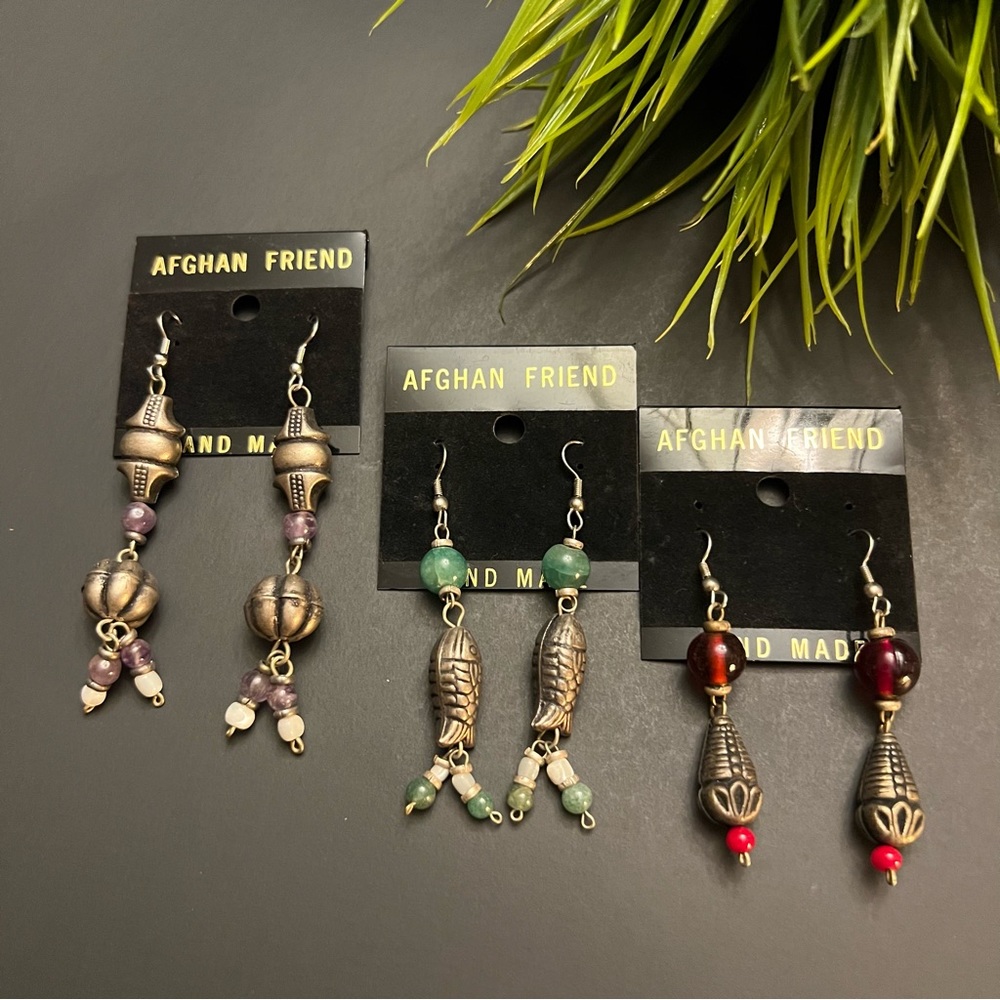 NEW 3 of Vintage Afghan Handmade Gemstones Dangle/Drop Earrings